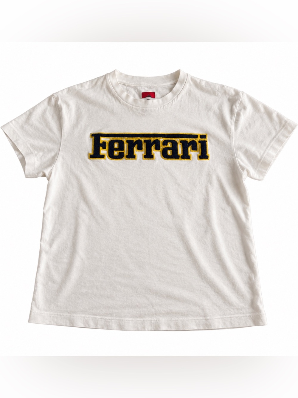 Vintage Ferrari White Tee with Navy and Yellow Logo